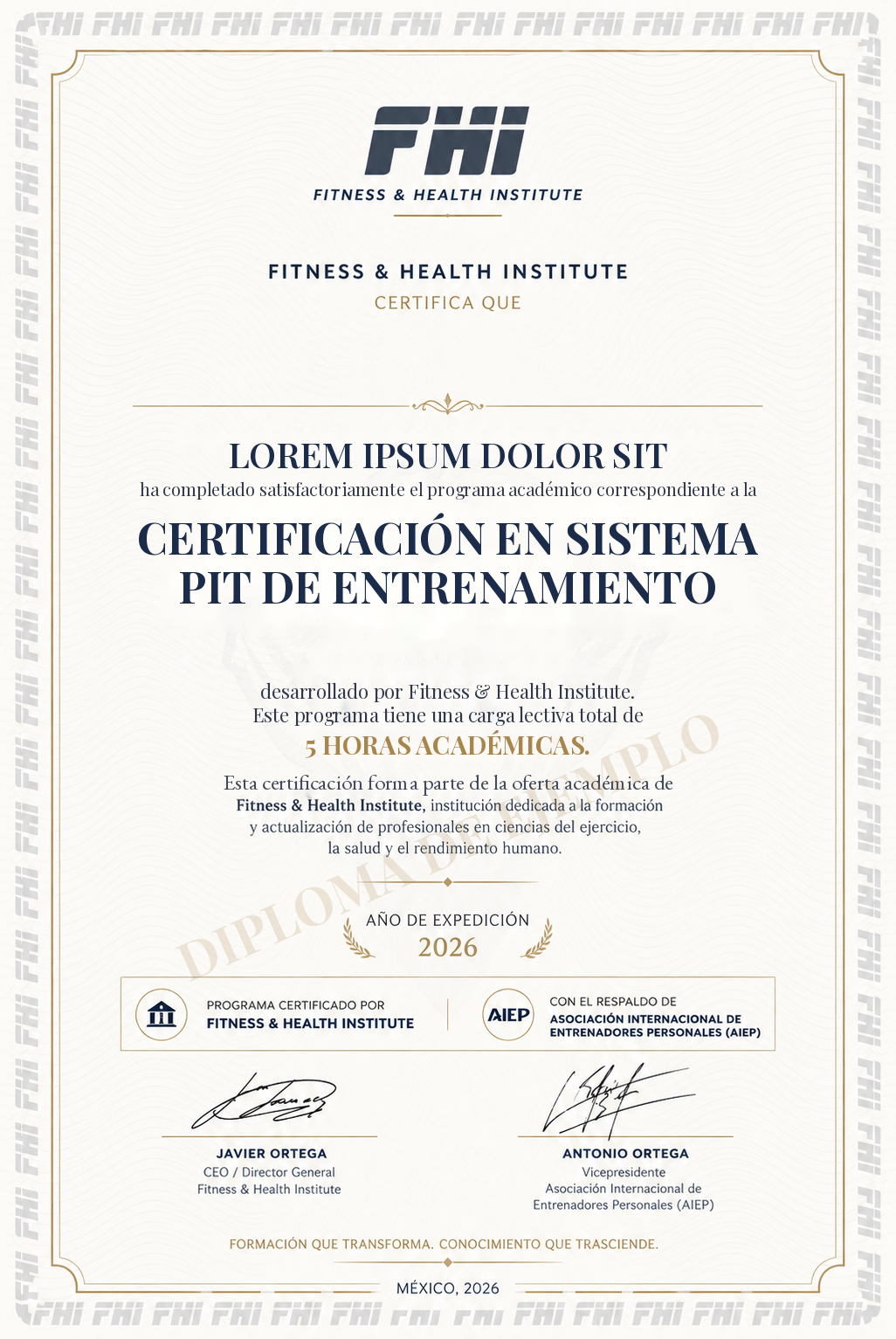 Ejemplo del diploma de la Certificación en Sistema PIT de Entrenamiento, emitido por FHI con respaldo AIEP